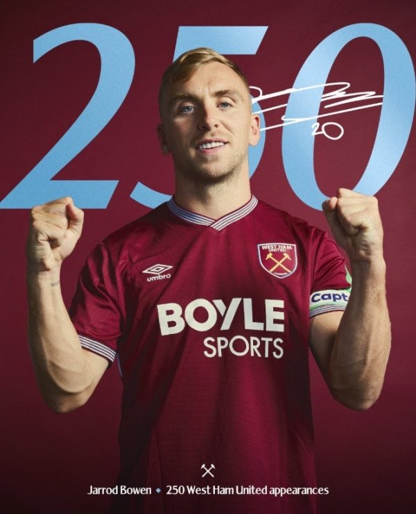 本赛季3球2助，鲍文迎西汉姆联生计250场里程碑之战